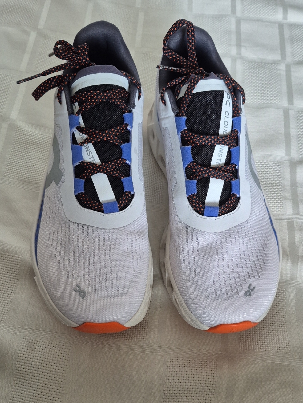On Running Men's Cloudmonster Sneakers in White, Blue, Black, and Orange
